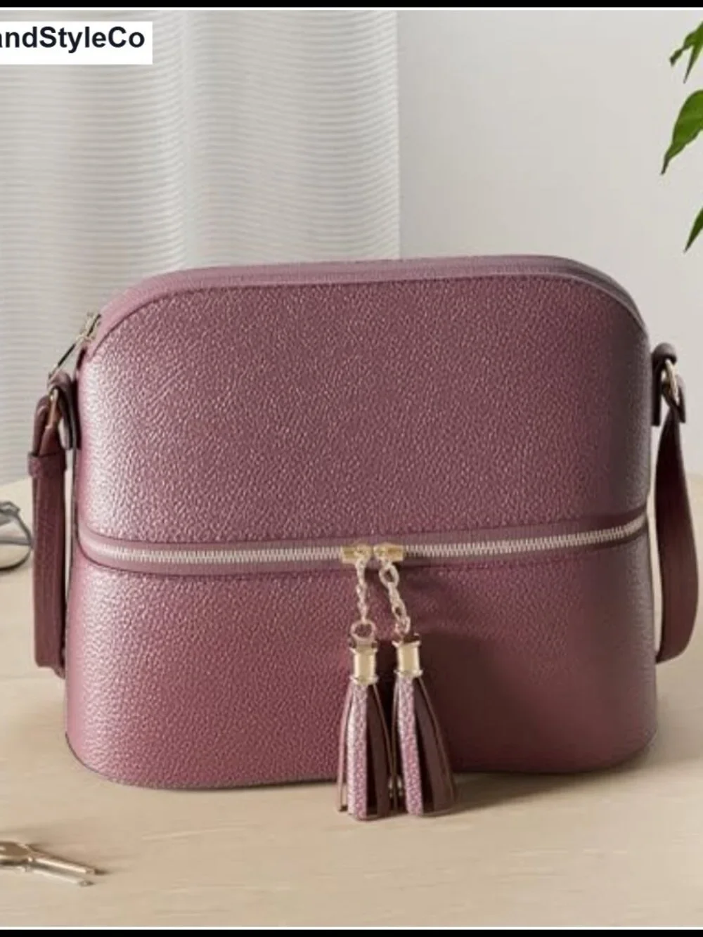Vegan PU Leather Dome Crossbody Bag with Tassel and Adjustable Strap